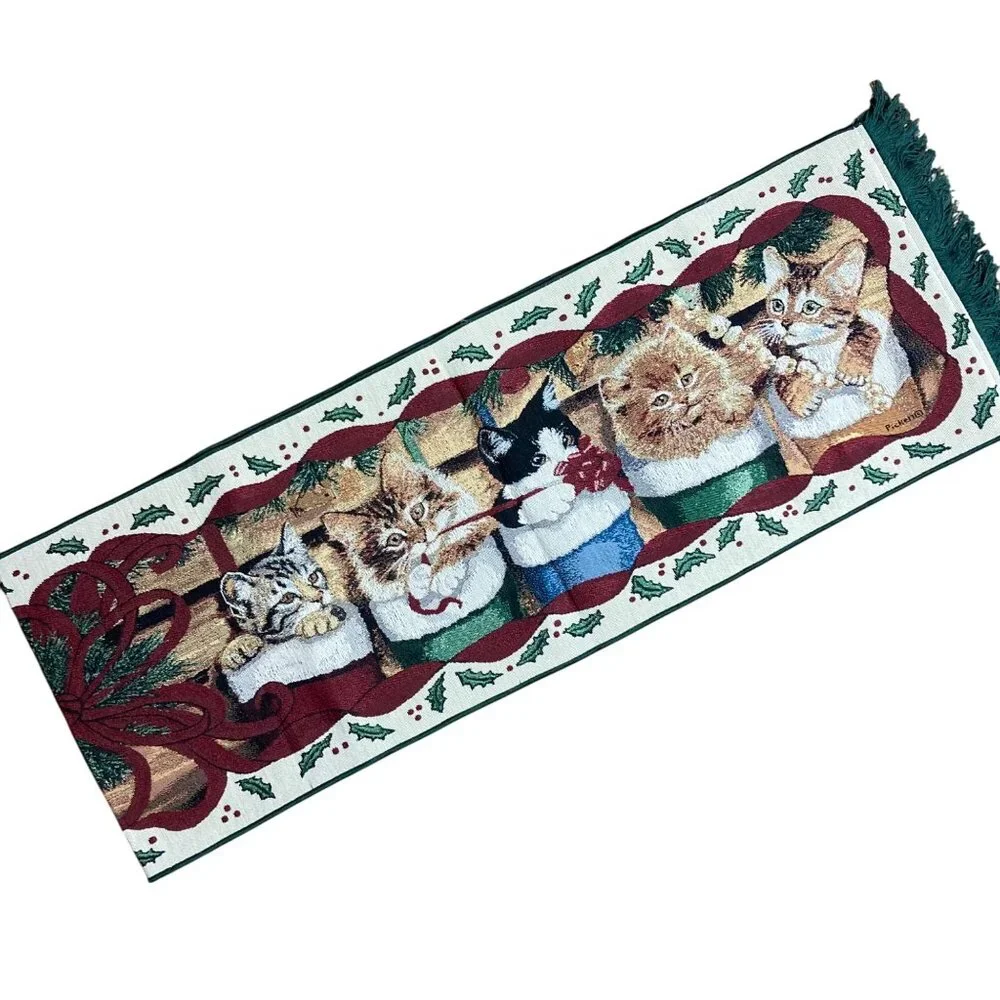 Whimsical Cozy Cats Christmas Tapestry Table Runner Kittens 13x73 Made In USA
